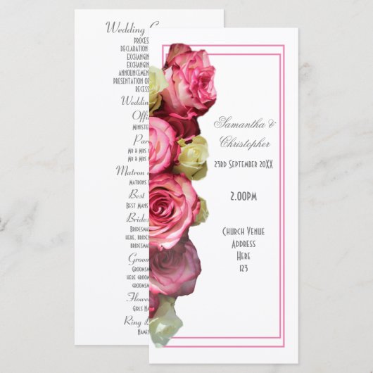 Rosa Rose Kirchenhochzeit Programm (Vorne/Hinten)