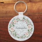 Rosa Rose Kranz und Blätter auf Light Blue Schlüsselanhänger (Vorderseite)