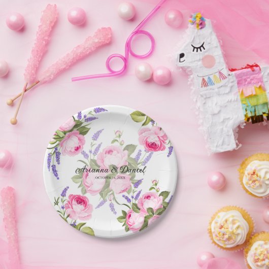 Rosa Rose & Lavendel Hochzeitspapier-Teller Pappteller (Party)