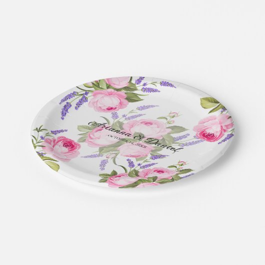 Rosa Rose & Lavendel Hochzeitspapier-Teller Pappteller (Schrägansicht)