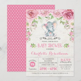 Rosa Rose mit Blumen Elefant Baby Dusche Einladung