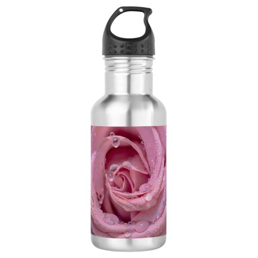 Rosa Rose mit Dewdrops Edelstahlflasche (Vorderseite)