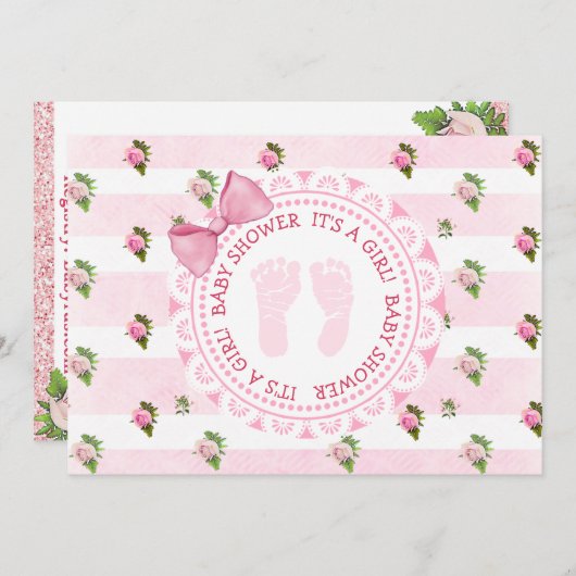 Rosa Rose mit Flora und Fauna laden ein Mädchen mi Einladung (Vorne/Hinten)