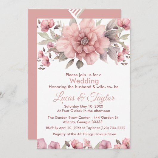 Rosa Rose mit Grünpflanzen Einladung zur Hochzeit (Vorne/Hinten)