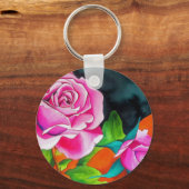 Rosa Rose mit orangefarbener Aquarellkunst Schlüsselanhänger (Vorderseite)