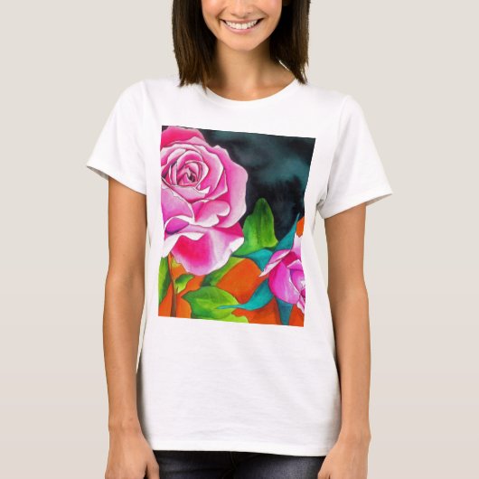 Rosa Rose mit orangefarbener Aquarellkunst T-Shirt (Vorderseite)