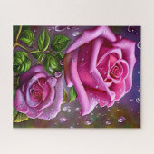 Rosa Rose mit Regentropfen und grünen Blätter Puzzle (Horizontal)