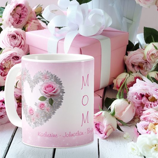 Rosa Rose mit silberbrauner Herzmuskel Mama Kaffeetasse