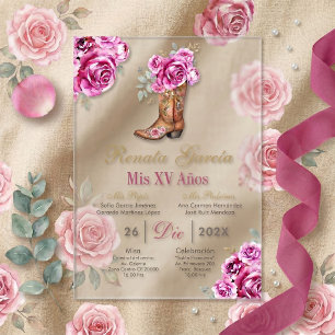 Rosa Rose mit Stiefel Quinceañera-Einladung Acryleinladungen