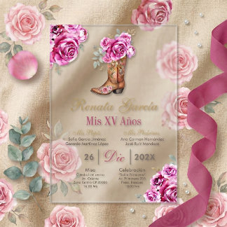 Rosa Rose mit Stiefel Quinceañera-Einladung Acryleinladungen