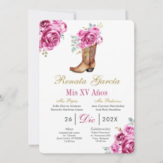 Rosa Rose mit Stiefel Quinceañera-Einladung Einladung