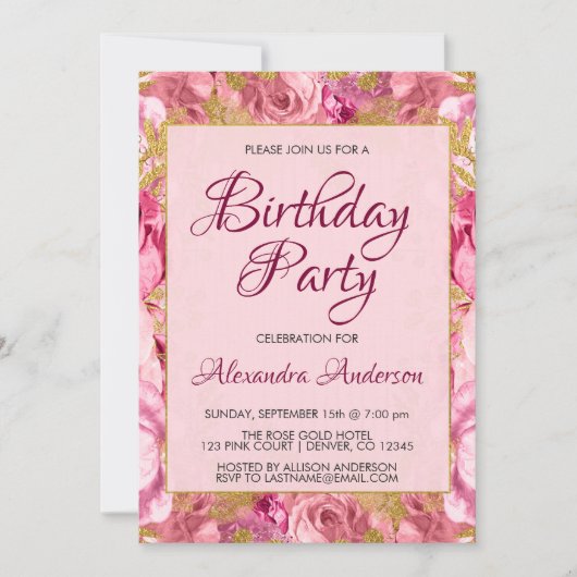 Rosa Rose Monogram Birthday Party Einladung (Vorderseite)