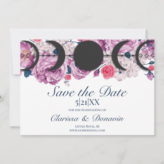 Rosa Rose Moon Phase Wiccan Handfasts Save The Date (Vorderseite)