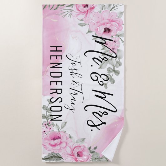 Rosa Rose Mr. & Mrs. Wedding oder Jubiläumsgeschen Strandtuch (Vorderseite)