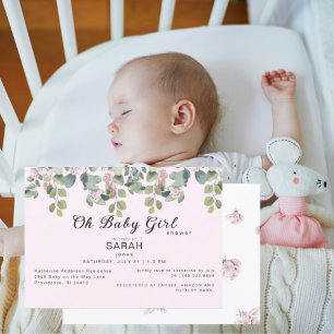 Rosa Rose Oh Baby Mädchen Horizontale Dusche Einladung