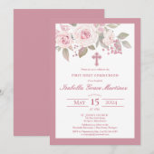 Rosa Rose Peony Floral Erste Heilige Kommune Einladung (Vorne/Hinten)