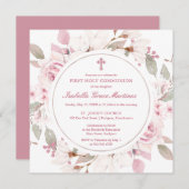 Rosa Rose Peony Floral Erste Heilige Kommune Einladung (Vorne/Hinten)