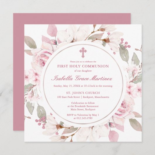 Rosa Rose Peony Floral Erste Heilige Kommune Einladung (Vorne/Hinten)