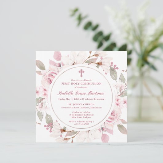 Rosa Rose Peony Floral Erste Heilige Kommune Einladung (Stehend Vorderseite)