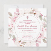Rosa Rose Peony Floral Erste Heilige Kommune Einladung (Vorderseite)