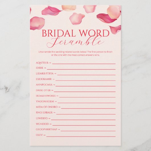 Rosa Rose Petals Brautparty Word Scramble Game Flyer (Vorne)