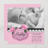 Rosa Rose Pink Black Birth Ankündigung (Vorne/Hinten)