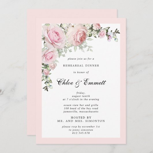 Rosa Rose Probe Abendessen Einladung (Vorne/Hinten)
