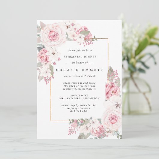 Rosa Rose Probe Abendessen Einladung (Stehend Vorderseite)