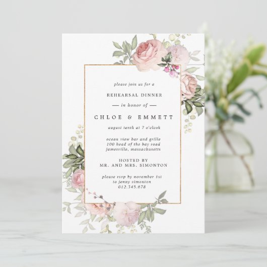 Rosa Rose Probe Abendessen Einladung (Stehend Vorderseite)