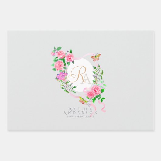 Rosa Rose Ribbon Chic Monogramm Grau Geschenkpapier Set (Vorderseite)