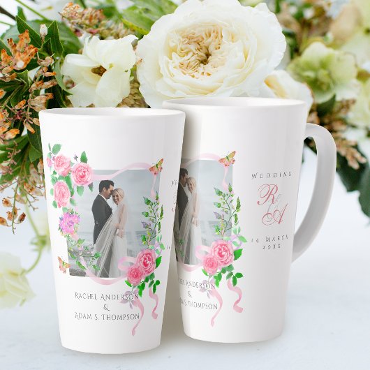 Rosa Rose Ribbon Monogram Foto Wedding Milchtasse