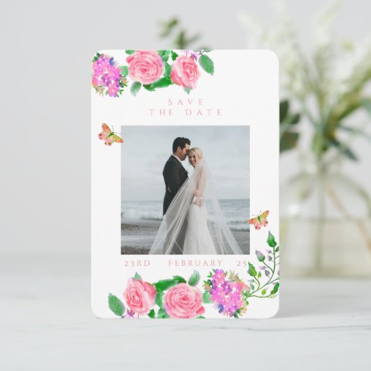 Rosa Rose Ribbon Monogram Foto Wedding Save The Date (Stehend Vorderseite)