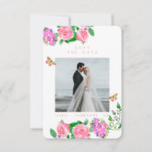 Rosa Rose Ribbon Monogram Foto Wedding Save The Date (Vorderseite)