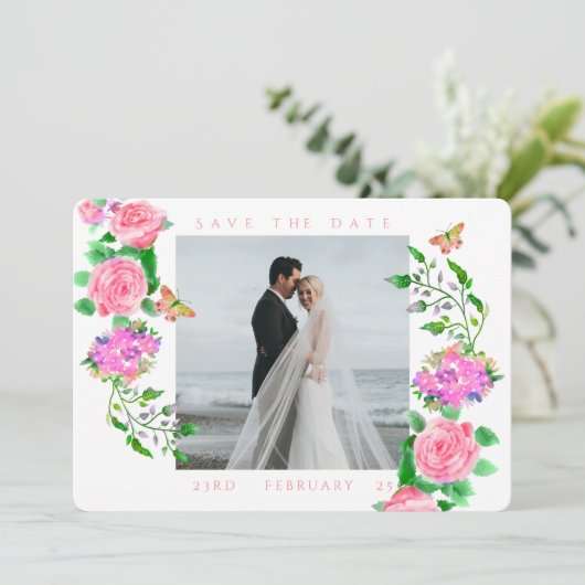 Rosa Rose Ribbon Monogram Foto Wedding Save The Date (Stehend Vorderseite)