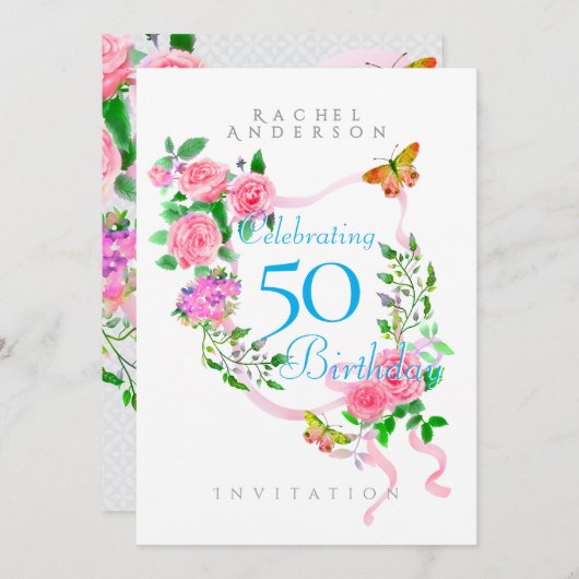 Rosa Rose Ribbon zum Geburtstag Einladung (Vorne/Hinten)