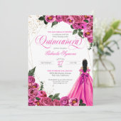 Rosa Rose Rosa Rosa Goldene Elegante Gown Quinceñe Einladung (Stehend Vorderseite)