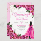 Rosa Rose Rosa Rosa Goldene Elegante Gown Quinceñe Einladung (Vorne/Hinten)