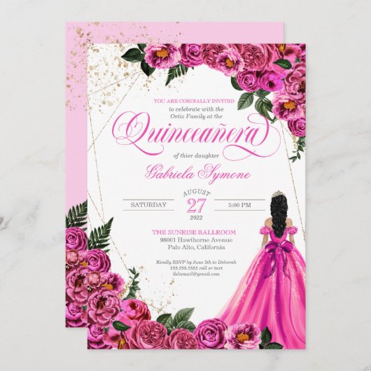 Rosa Rose Rosa Rosa Goldene Elegante Gown Quinceñe Einladung (Vorne/Hinten)