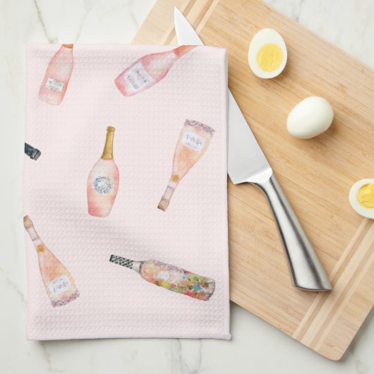 Rosa Rosé-Rose Weinflasche Aquarellbild Geschirrtuch (Viertel Falte)