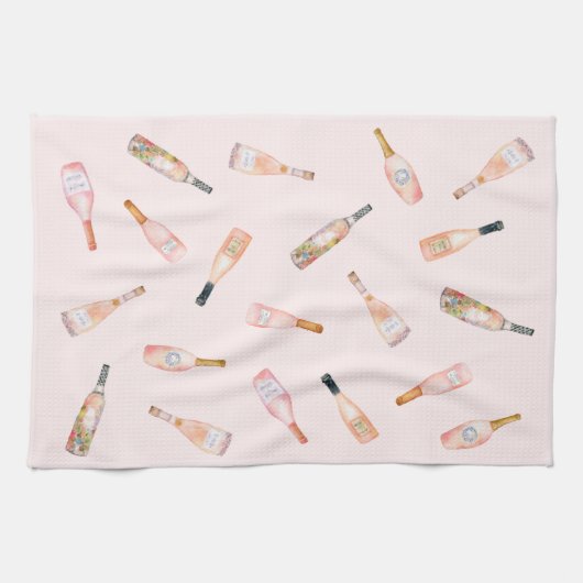 Rosa Rosé-Rose Weinflasche Aquarellbild Geschirrtuch (Horizontal)
