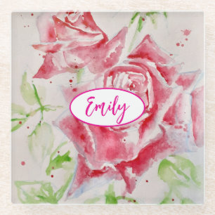 Rosa Rose Rosen Wasserfarbe Blume Florale Kunst Glasuntersetzer