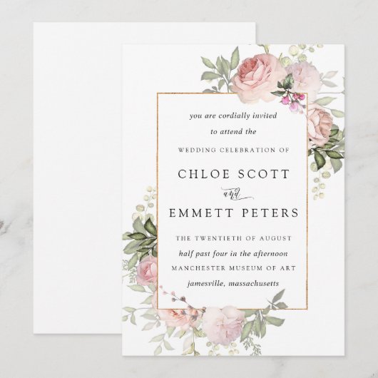 Rosa Rose Rustikale Blumenzitterung Einladung (Vorne/Hinten)