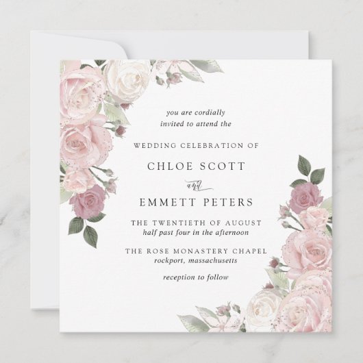 Rosa Rose Rustikale Blumenzitterung Einladung (Vorderseite)