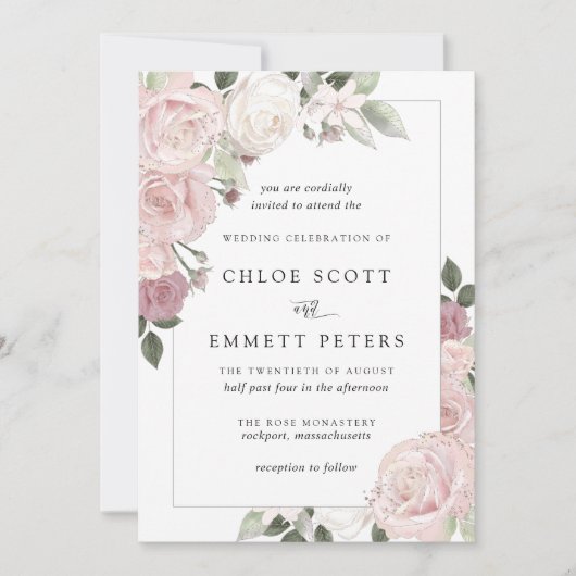 Rosa Rose Rustikale Blumenzitterung Einladung (Vorderseite)