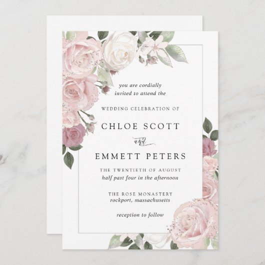 Rosa Rose Rustikale Blumenzitterung Einladung (Vorne/Hinten)