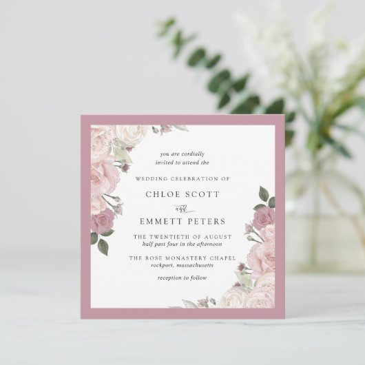 Rosa Rose Rustikale Blumenzitterung Einladung (Stehend Vorderseite)