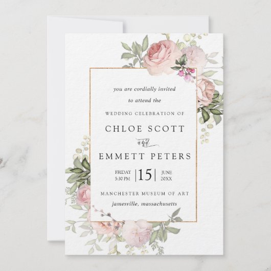 Rosa Rose Rustikale Blumenzitterung Einladung (Vorderseite)