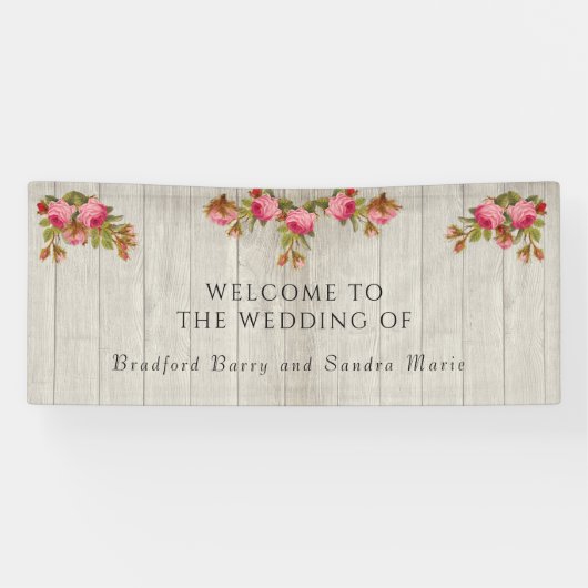 Rosa Rose Rustikale Hochzeit graue Barnholz-Banner Banner (Horizontal)