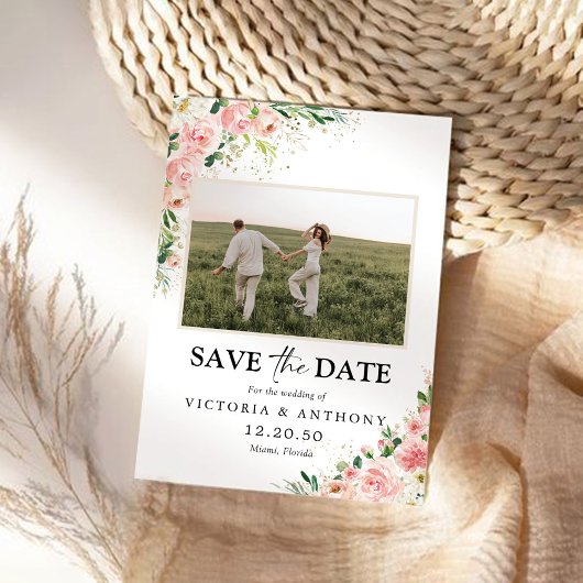 Rosa Rose Save the Date mit Foto-Flachkarte blau p