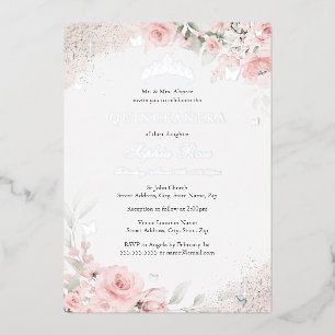 Rosa Rose Schmetterling Silber Quinceanera Folieneinladung